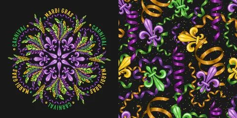 Set of round ornament, seamless pattern for Mardi gras carnival decoration. Stock Illustration