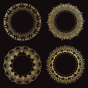 Set of round ornamental frames. Vintage gold frames on a black background. Stock Illustration