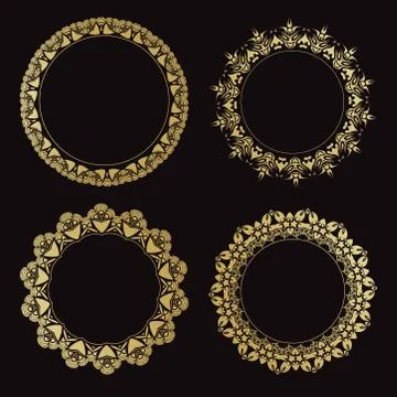 Set of round ornamental frames. Vintage gold frames on a black background. Stock Illustration