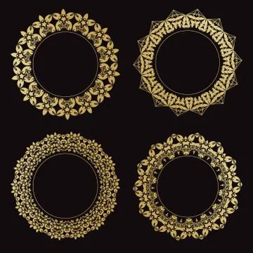 Set of round ornamental frames. Vintage gold frames on a black background. Stock Illustration