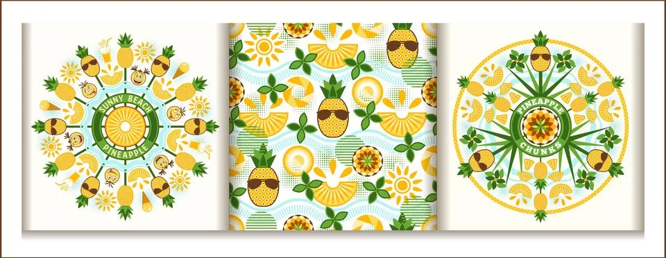Set of round pineapple ornaments, pattern in simple geometric style Stock Illustration