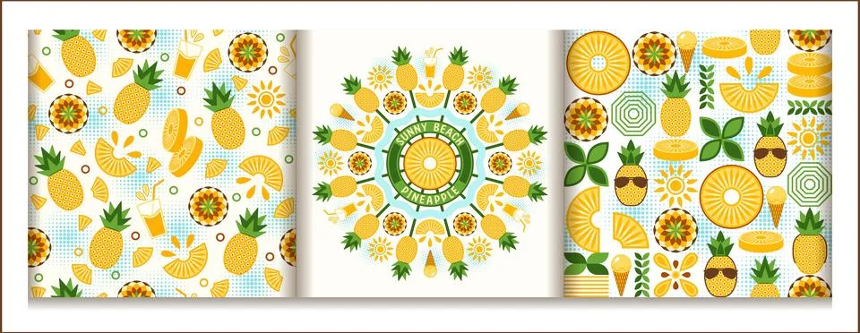Set of round pineapple ornaments, pattern in simple geometric style Stock Illustration
