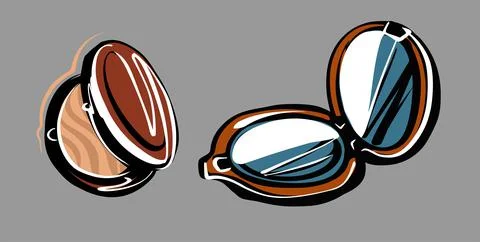 Set. Round pocket mirror and powder. Open cosmetics in retro style for makeup Stock Illustration