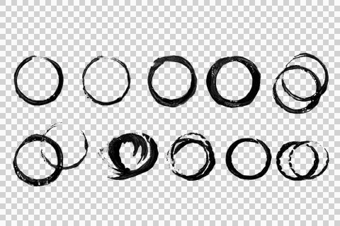 Set of round prints of black paint . on an empty background. PNG Stock Photos