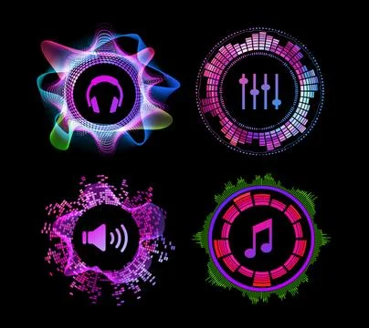 Set of round radial sound waves and icons. Isolated black background. 库存插图