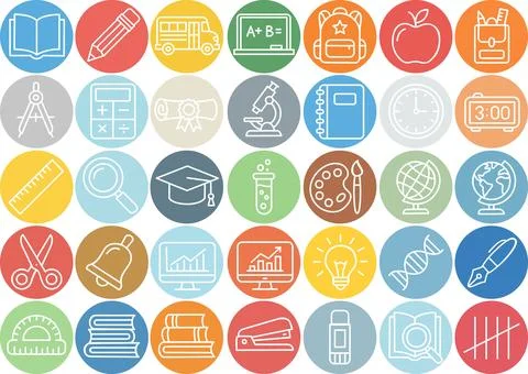 Set of round school icons on white background flat design Stock Illustration