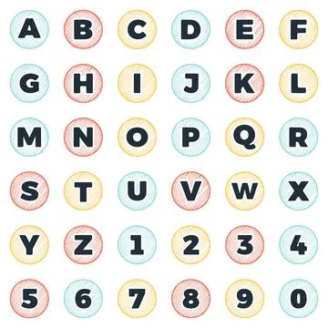 Set of round scribble letters and numbers, vector clip art. Stock Illustration