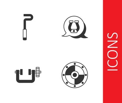 Set Round shield, Fire poker, Clamp and screw tool and Horseshoe icon. Vector Ilustração Stock