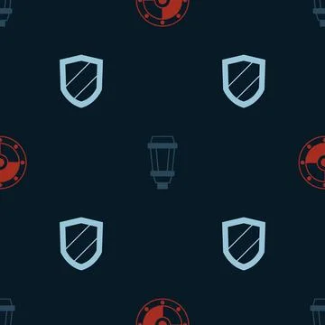 Set Round shield, Garden light lamp and Shield on seamless pattern. Vector 스톡 일러스트