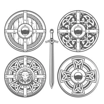 Set of round shields with celtic pattern and medieval ornaments, knight armor Stock Illustration