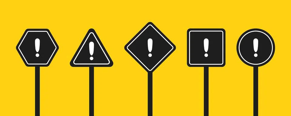 Set of round, square, rhombic, triangular and hexagonal black road signs with Stock Illustration