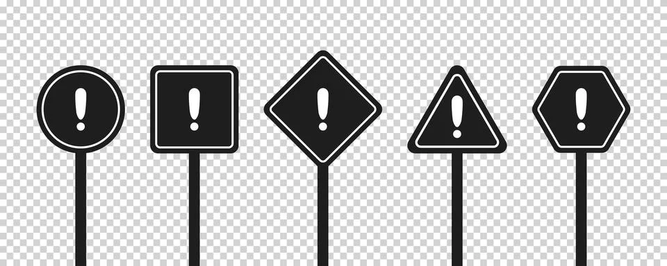 Set of round, square, rhombic, triangular and hexagonal black road signs wi.. Stock Illustration