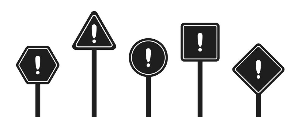 Set of round, square, rhombic, triangular and hexagonal black road signs wi.. Stock Illustration