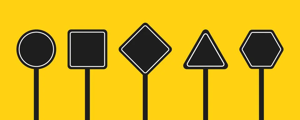 Set of round, square, rhombic, triangular and hexagonal black road signs. Vec Illustrazione stock