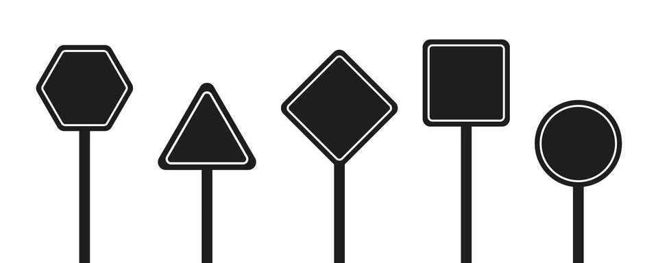 Set of round, square, rhombic, triangular and hexagonal black road signs. V.. Stock Illustration
