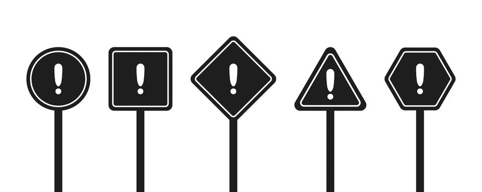 Set of round, square, rhombic, triangular and hexagonal black road signs with Stock Illustration