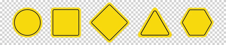 Set of round, square, rhombic, triangular and hexagonal yellow road signs. .. Stock Illustration