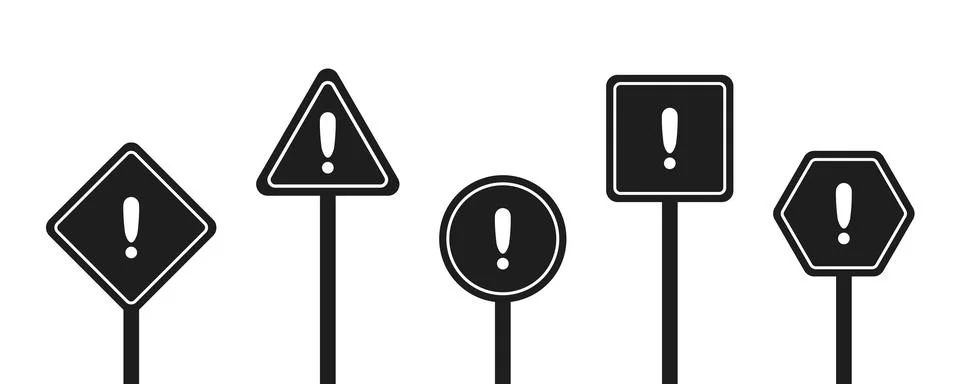 Set of round, square, rhombic, triangular and hexagonal black road signs wi.. Stock Illustration