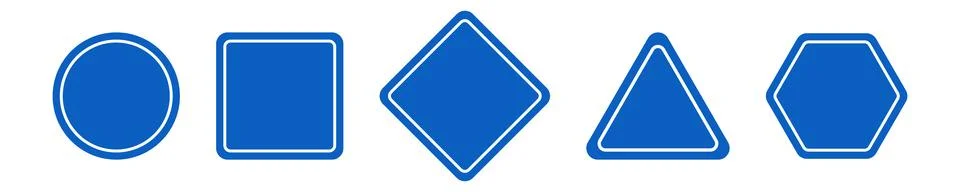 Set of round, square, rhombic, triangular and hexagonal blue road signs. Ve.. Stock Illustration