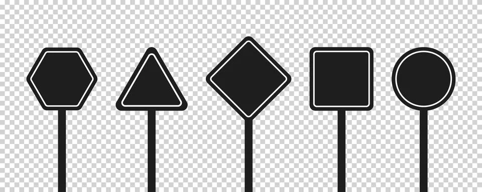 Set of round, square, rhombic, triangular and hexagonal black road signs. V.. Stock Illustration