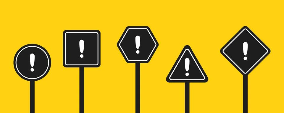 Set of round, square, rhombic, triangular and hexagonal black road signs wi.. Stock Illustration