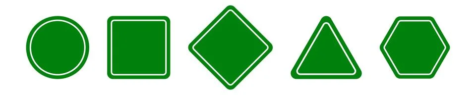 Set of round, square, rhombic, triangular and hexagonal green road signs. V.. Stock Illustration