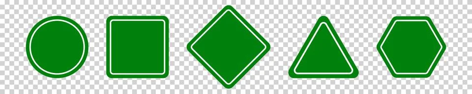 Set of round, square, rhombic, triangular and hexagonal green road signs. V.. Stock Illustration