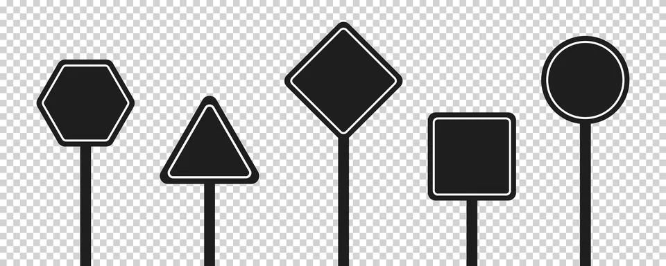 Set of round, square, rhombic, triangular and hexagonal black road signs. V.. Stock Illustration