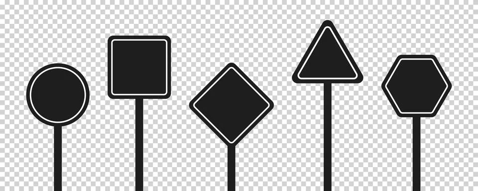 Set of round, square, rhombic, triangular and hexagonal black road signs. Vec Stock Illustration