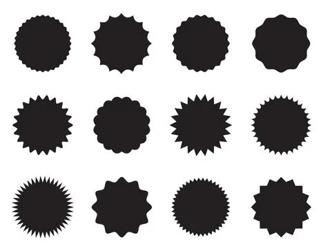 Set of round stickers with different edges black and white design. Vector ill Stock Illustration
