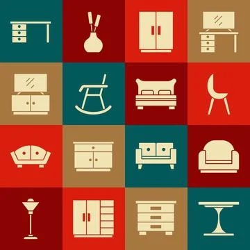 Set Round table, Armchair, Wardrobe, TV stand, Office desk and Big bed icon Illustrazione stock