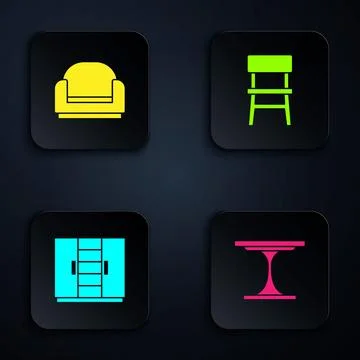 Set Round table, Armchair, Wardrobe and Chair. Black square button. Vector Stock Illustration