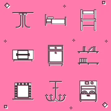 Set Round table, Bed, Chair, TV stand, Furniture nightstand, Shelf with books Stock Illustration