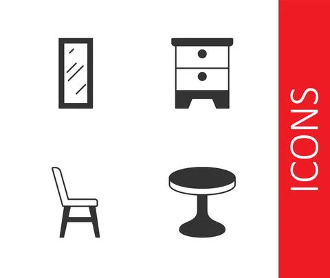 Set Round table, Big full length mirror, Chair and Furniture nightstand icon Stock Illustration