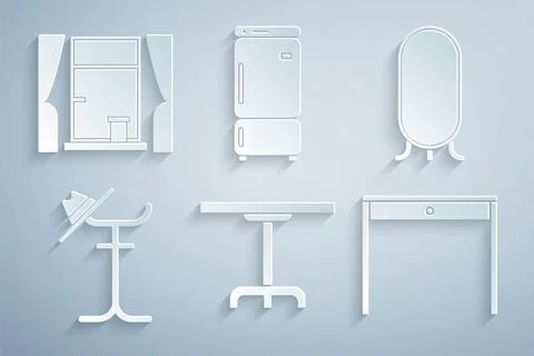 Set Round table, Big full length mirror, Coat stand, Wooden, Refrigerator and Stock Illustration