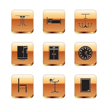 Set Round table, Chair, Coat stand, Wardrobe, Shower cabin, Chandelier, Picture Stock Illustration