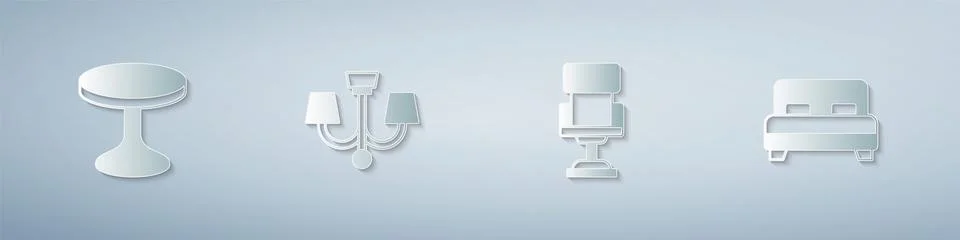 Set Round table, Chandelier, Office chair and Big bed. Paper art style. Vector Stock Illustration