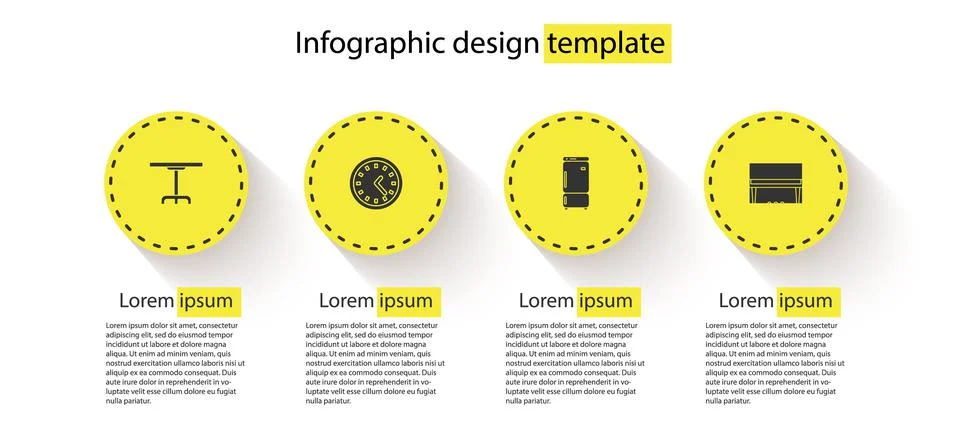 Set Round table, Clock, Refrigerator and Grand piano. Business infographic Stock Illustration