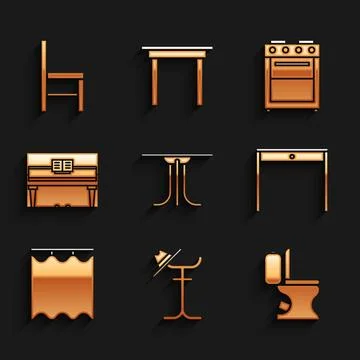 Set Round table, Coat stand, Toilet bowl, Wooden, Curtains, Grand piano, Ov.. Stock Illustration