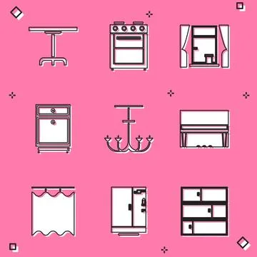 Set Round table, Oven, Window with curtains, Furniture nightstand, Chandeli.. Stock Illustration