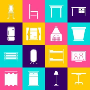 Set Round table, Picture frame on, Flower pot, Wooden, Window with curtains Stock Illustration