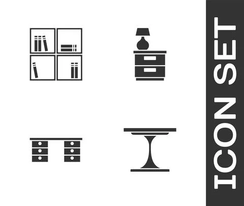 Set Round table, Shelf with books, Office desk and Furniture nightstand lamp Illustrazione stock
