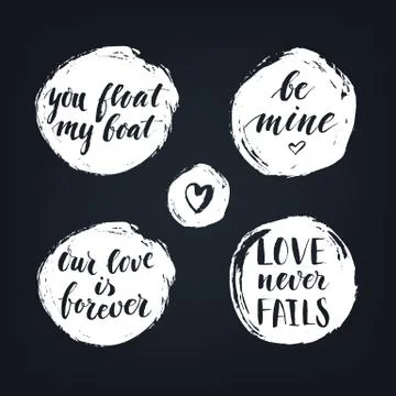 Set of round textured badges with modern calligraphy love quotes on the Stock Illustration