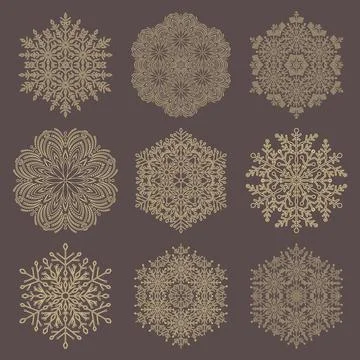 Set of Round Vector Snowflakes With Winter Ornament. Collection of Snowflakes in Stock Illustration