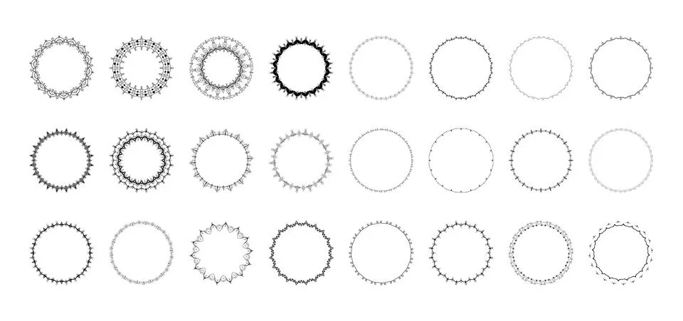 Set of round vintage decorative frames. Collection of black circle borders. E Stock Illustration