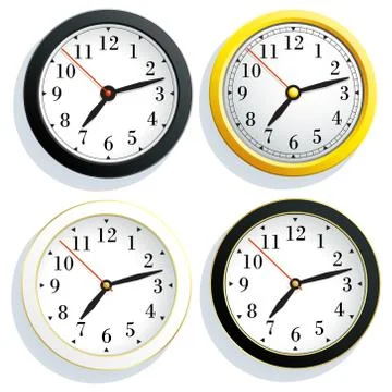 Set round wall clock with a yellow, black and white body, isolated on white Stock-Illustration