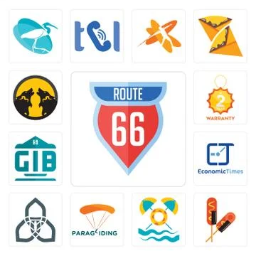 Set of route 66, corn dog, pool party, paragliding, triquetra, economic times 無料イラスト素材