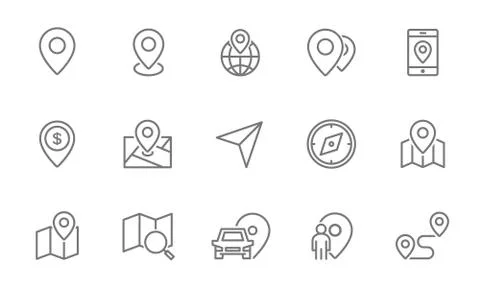 Set of route and navigation line icons. Map pointer, gps, compass, parking pin Stock Illustration