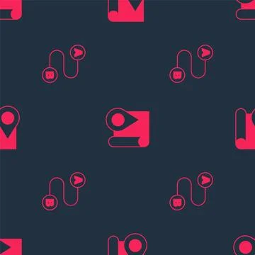 Set Route location and Folded map with marker on seamless pattern. Vector Stock Illustration