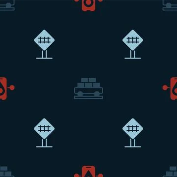 Set Route location, Cargo train wagon and Railroad crossing on seamless pattern Stock Illustration